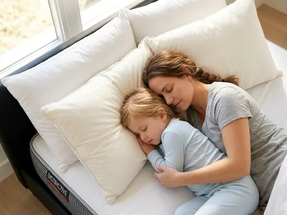 Enter to WIN a FREE $9,999.99 Sleep Country Bedroom Makeover, child and parent sharing cozy pillow comfort