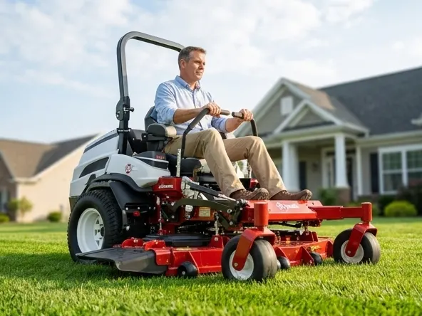 Enter to Win a FREE Custom Exmark USA 250 Lazer Z Mower, man mowing lawn on red zero-turn mower