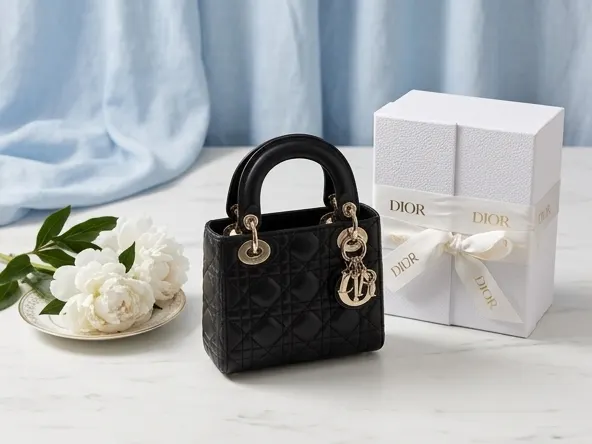 Enter to Win a FREE Mini Lady Dior Bag in Black, elegant accessory on marble with flowers