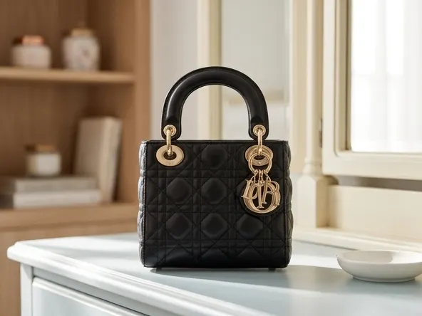 Enter to Win a FREE Mini Lady Dior Bag in Black, luxury item displayed on bedroom vanity