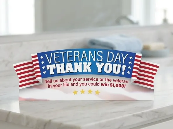 Enter Daily for a FREE $1,000 Cumulus Veterans Day Honor, product displayed on bright bathroom counter