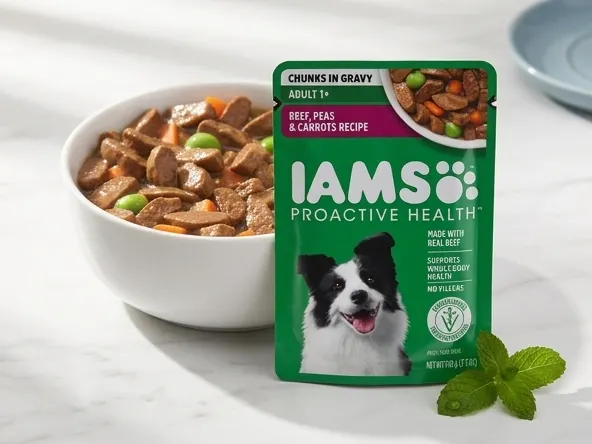 Claim a FREE IAMS Proactive Health Wet Dog Food Sample, product on bright marble with mint accent
