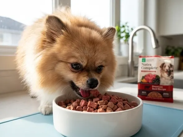 Win a FREE Nutra Complete Freeze-Dried Raw Dog Food Pack, happy dog eating freeze-dried raw food