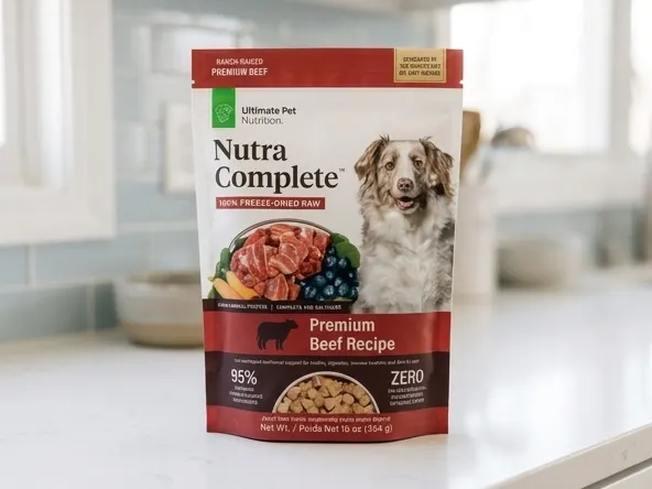 Win a FREE Nutra Complete Freeze-Dried Raw Dog Food Pack, product displayed on kitchen counter