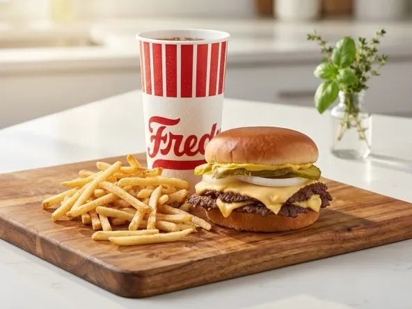 Claim Your FREE Freddy's Combo Meal Card on Veterans Day, close-up product on styled wood surface