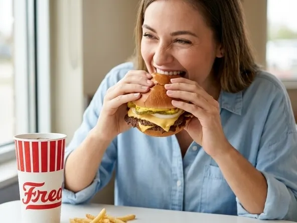 Claim Your FREE Freddy's Combo Meal Card on Veterans Day, person enjoying a delicious cheeseburger bite