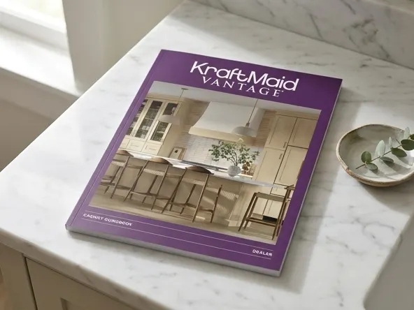 Get a FREE KraftMaid Kitchen Remodeling Guidebook by Mail, guidebook resting on bright marble surface