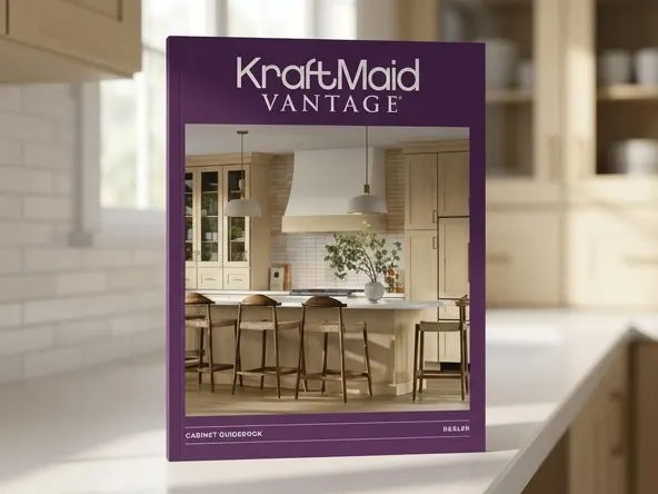 Get a FREE KraftMaid Kitchen Remodeling Guidebook by Mail, guidebook displayed on kitchen counter