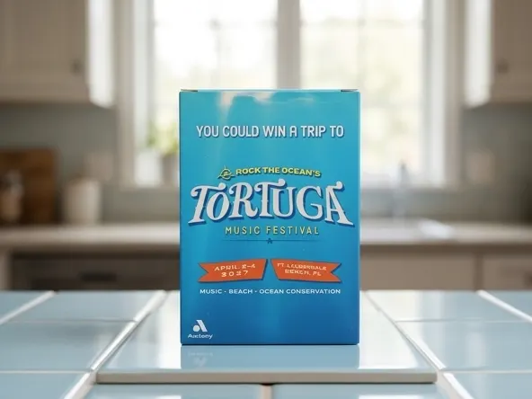 Enter to WIN a FREE Trip for Two to Tortuga Music Festival 2027, product on kitchen counter with blurred room