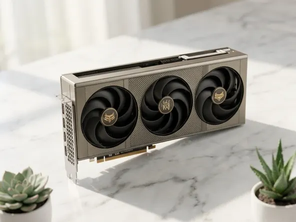 Enter to WIN a FREE AMD Radeon RX 9070 XT Graphics Card, product on marble with soft morning light