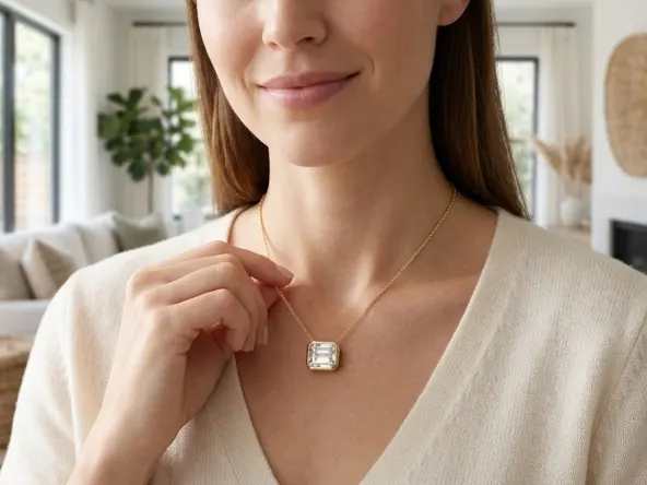 Win a FREE Pompeii3 Classic Capsule Jewelry Collection Worth $4,799, pendant necklace catching light at collarbone