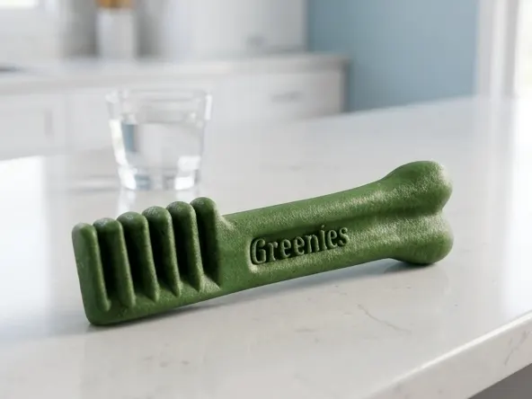 Get a FREE Greenies Dental Dog Treat Sample by Mail, product displayed on kitchen counter
