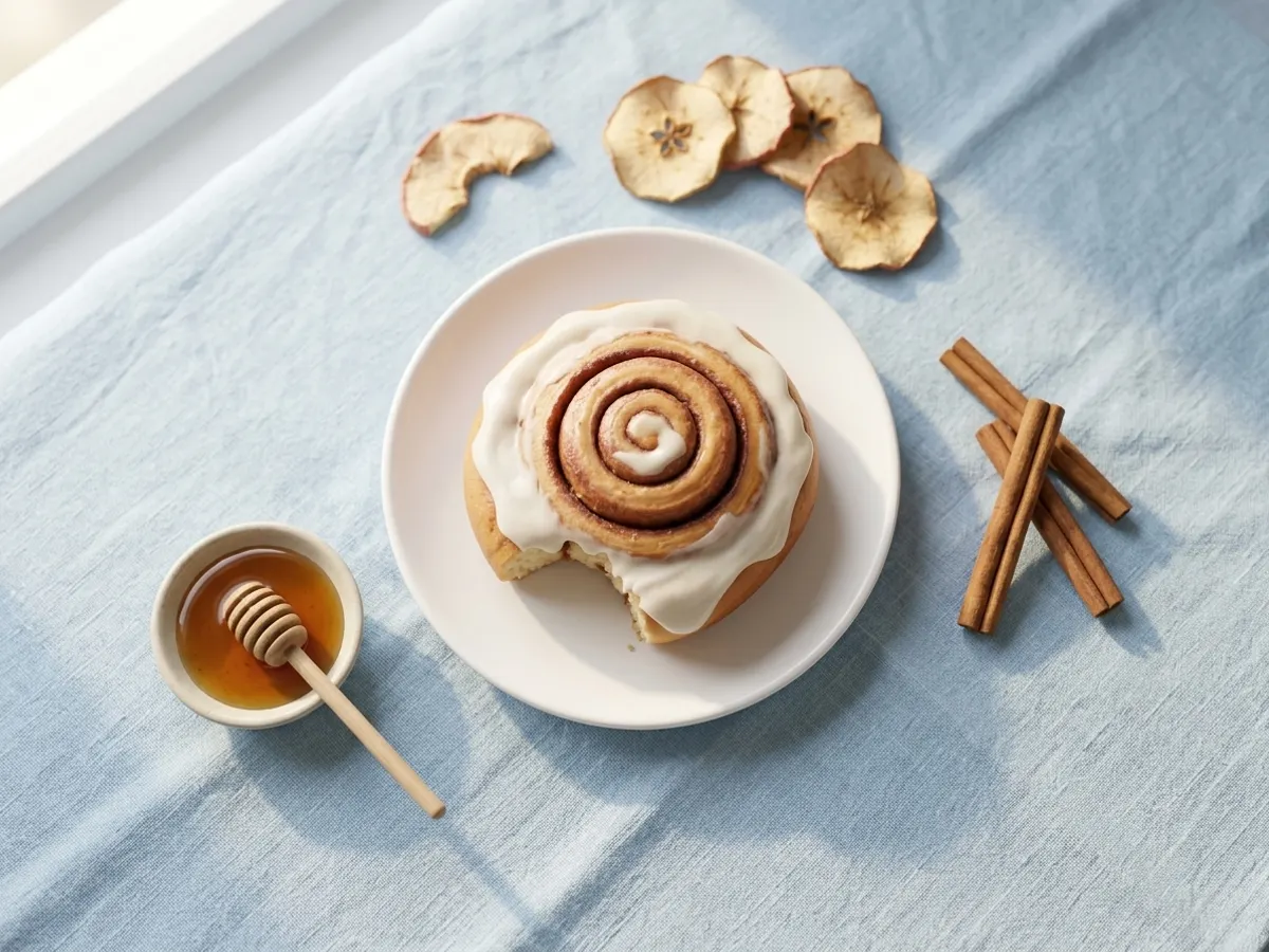 Grab a FREE Private Selection Cinnamon Roll at Kroger, flat lay with cinnamon and honey accents