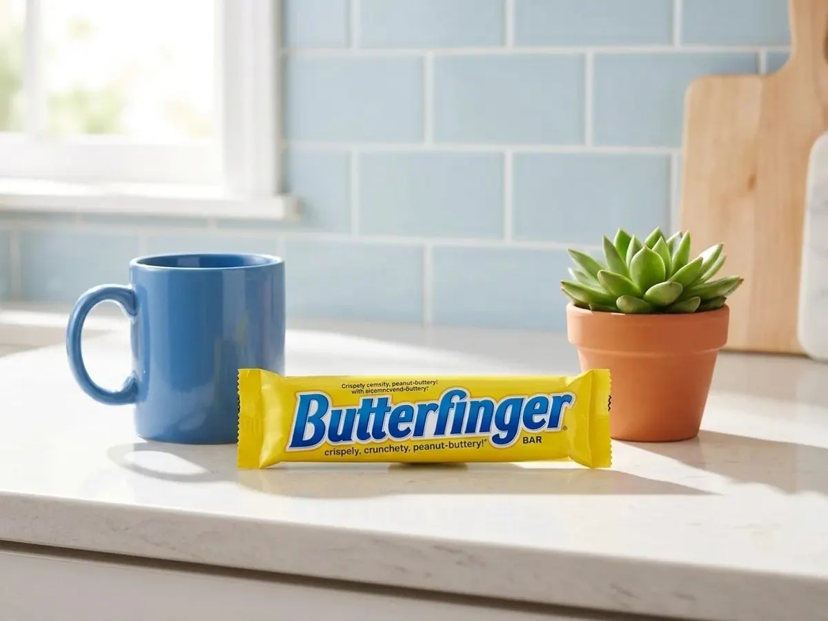 Grab FREE Butterfinger Candy and a Collectible Tote at Spirit Halloween, candy displayed on bright kitchen counter