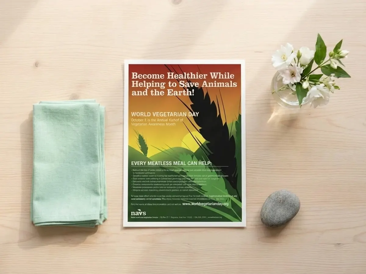 Claim a FREE World Vegetarian Day Poster for Your Community, poster laid flat with flowers and stone
