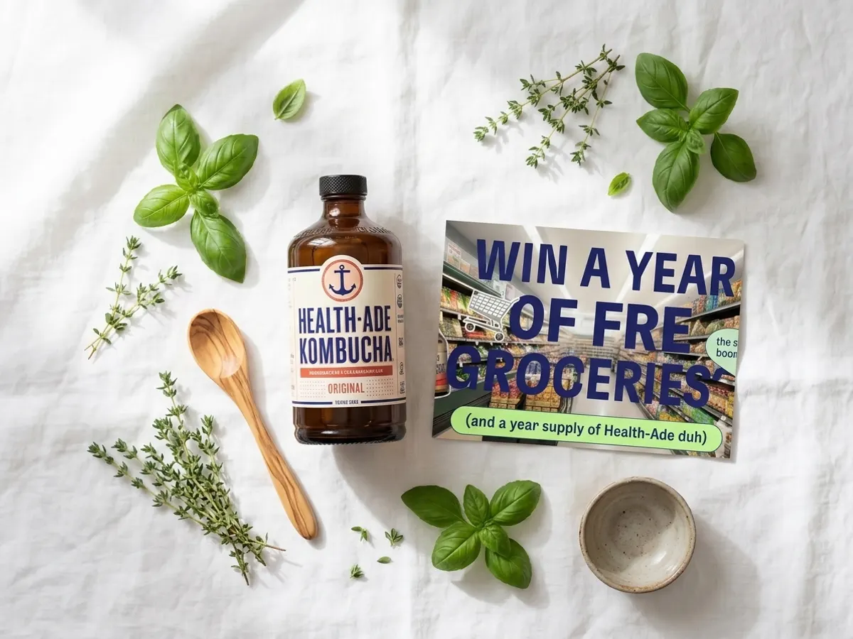 Enter to Win FREE Groceries & Health-Ade for an Entire Year, overhead flat lay with natural props