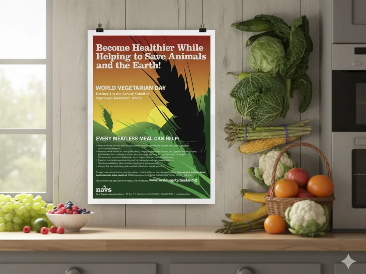 Promote Plant Power with a Free World Vegetarian Day Poster! — free sample: Get involved easily! Display our free, colorful poster at local spots like stores, schools, or libra