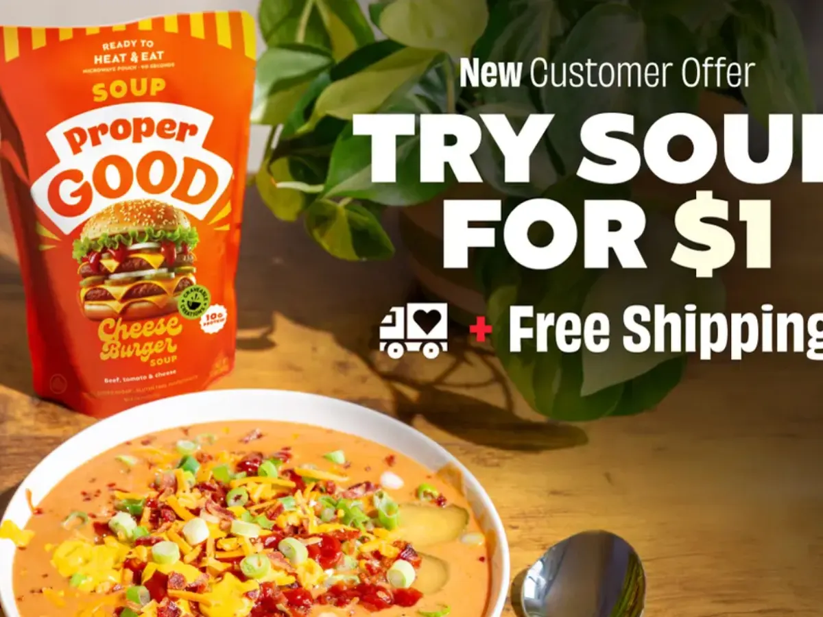 $1 Magic: Proper Good Meal Straight to Your Door — free sample: New to Proper Good? Get a soup for just $1! Free shipping included. Flavors: Tomato Basil, Cheesebur