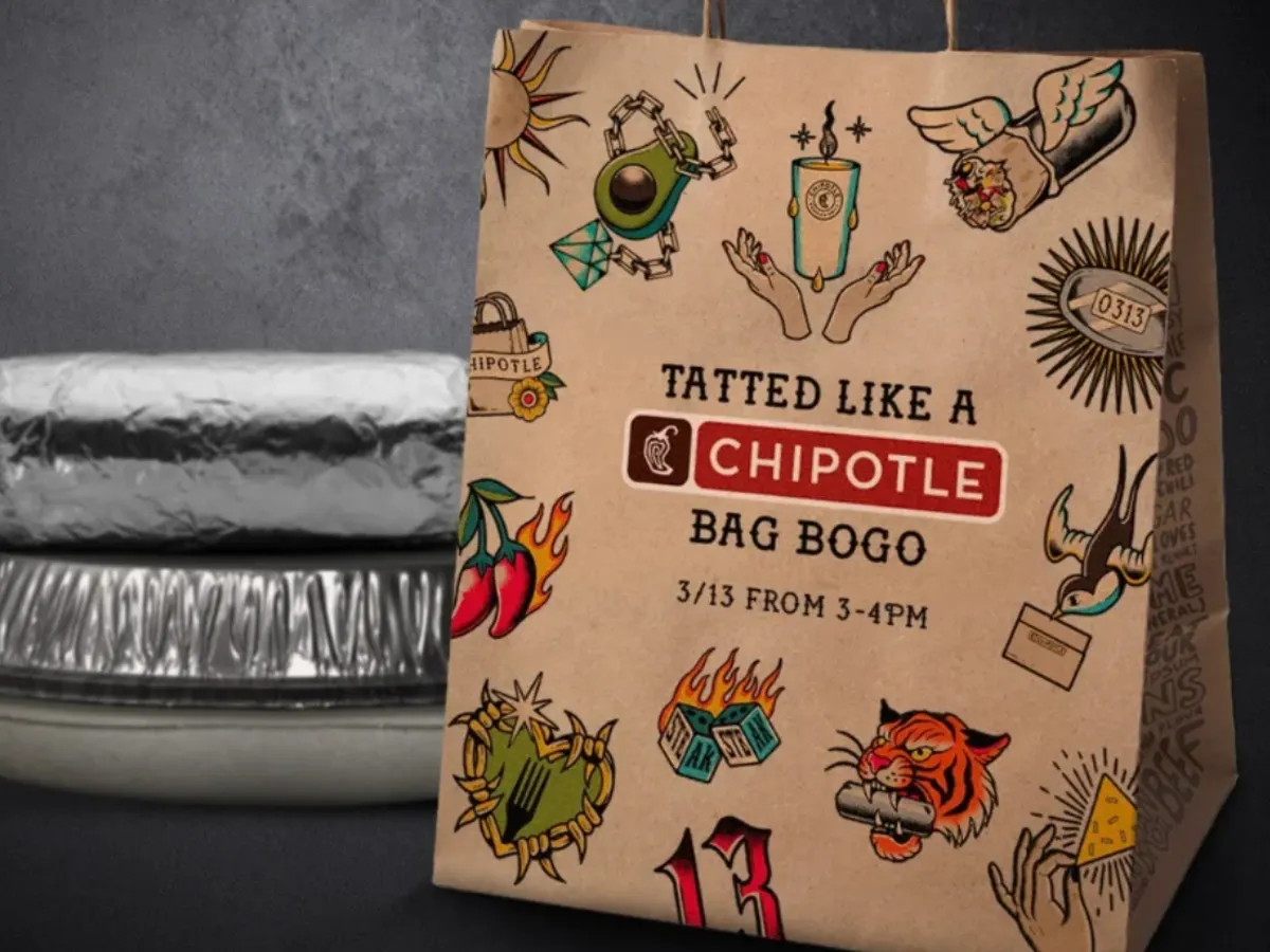 Chipotle Food Item — free sample: Chipotle BOGO on March 13, 3–4 PM! Any tattoo—permanent, temporary, or drawn—gets you a free item.