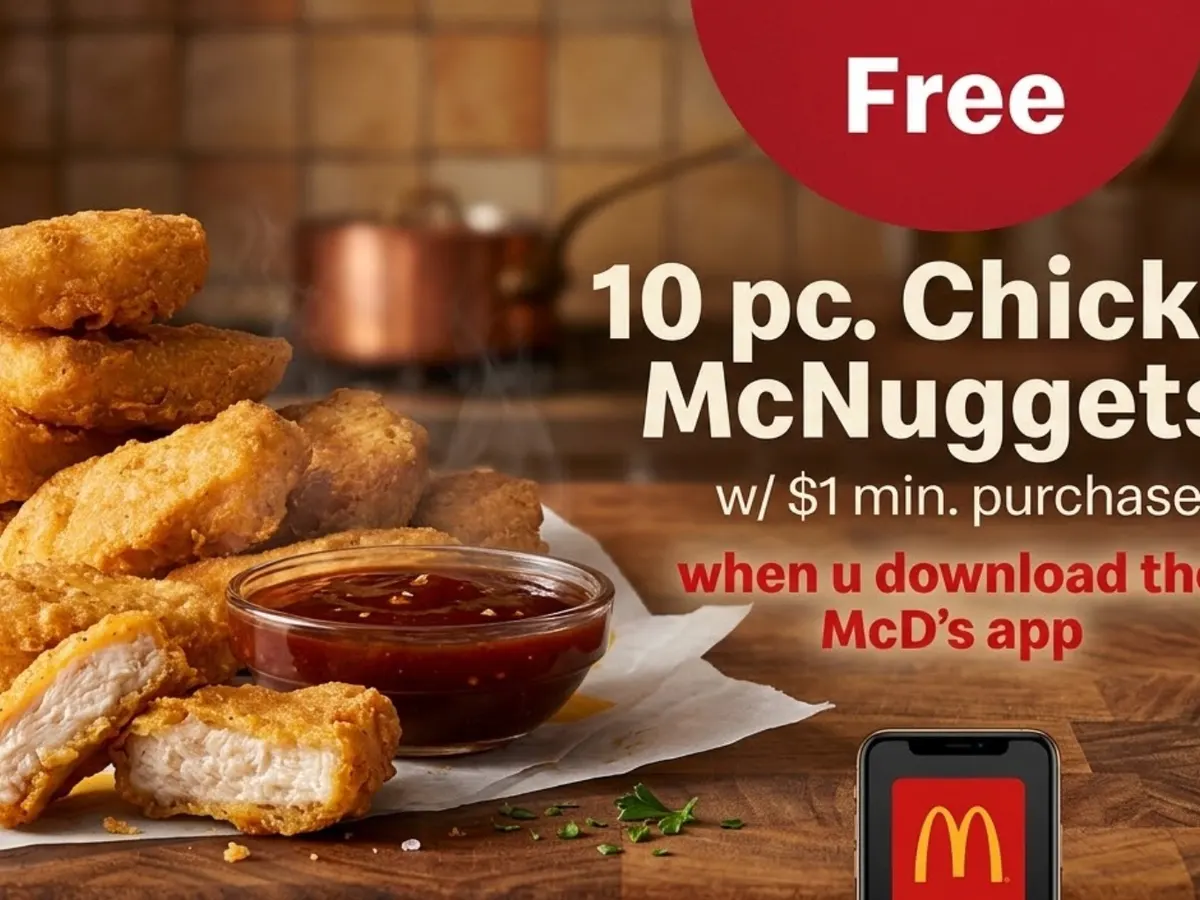 McDonald's Chicken McNuggets — free sample: Get FREE 10-pc Chicken McNuggets with a $1 purchase by downloading the McDonald’s app and joining My
