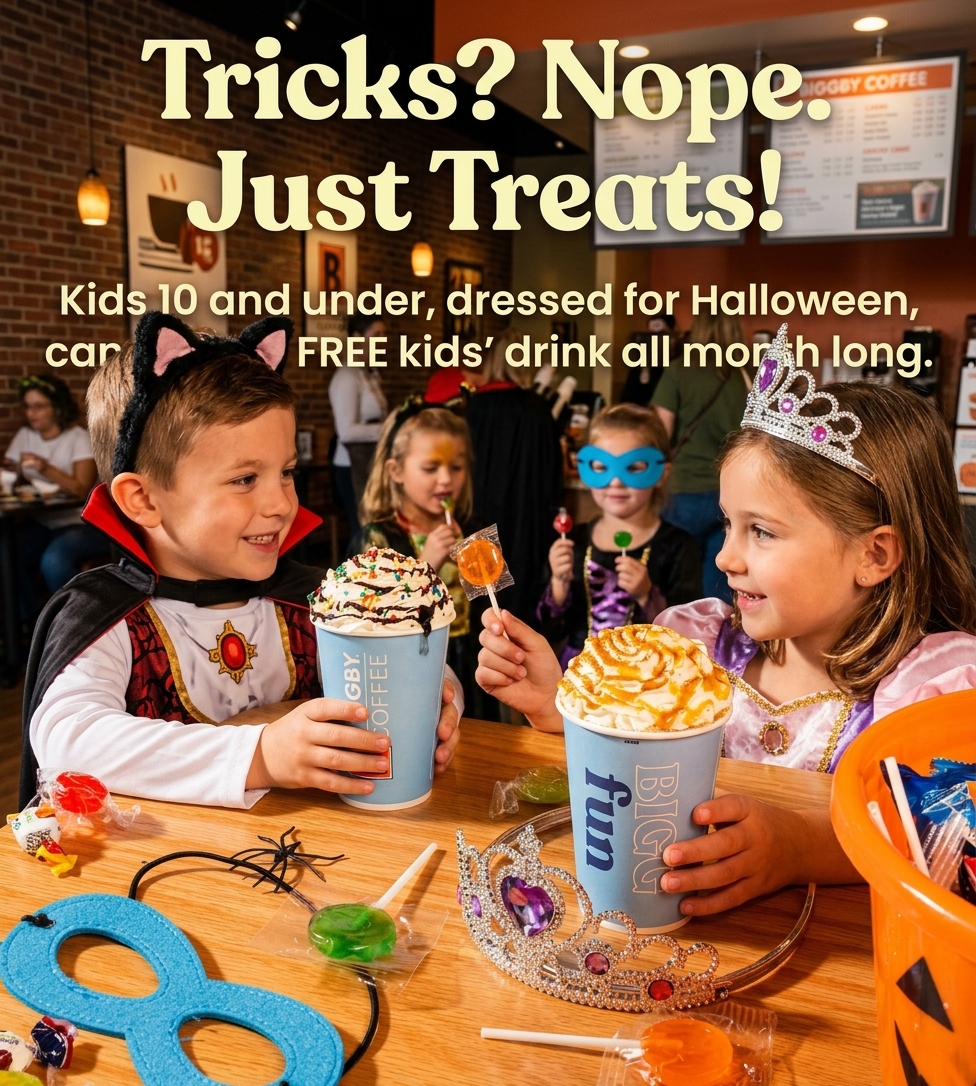 October Treat: FREE Kids Drink at BIGGBY Coffee — free sample: Kids ages 10 and under can get a FREE drink at BIGGBY Coffee when they visit a participating locatio