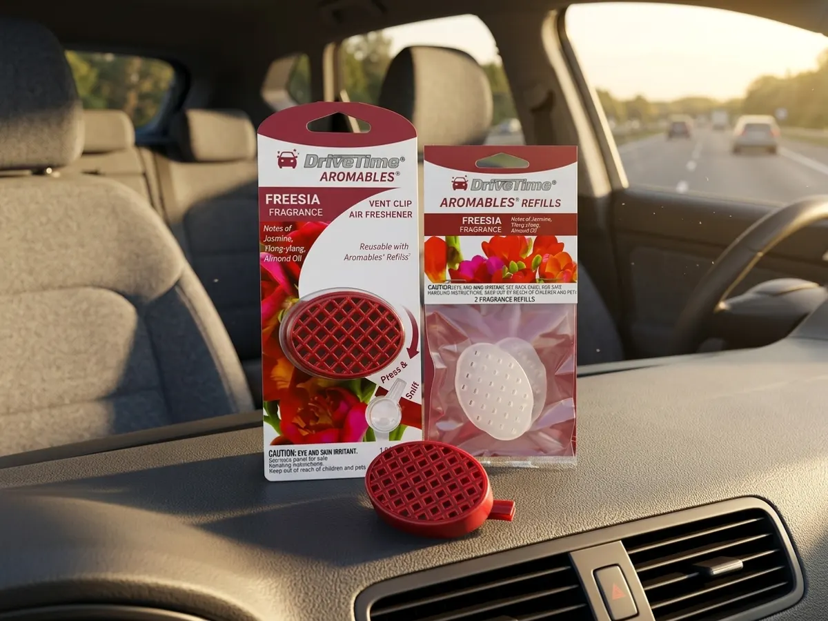 Aromables Refillable Vent Clip Air Freshener Bundle: free sample: Drive Time is handing out their new Aromables vent clip bundles (clip plus two refills) in four scen