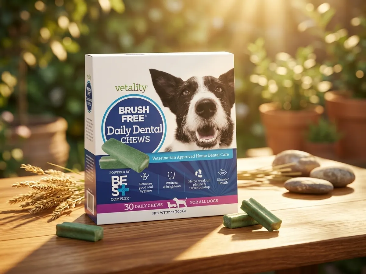 Full-Size Vetality Brush-Free Daily Dental Chews for Dogs — free sample: My own dental hygiene is questionable, but I'll fight for *your* dog's breath! Snag a shot at FREE f