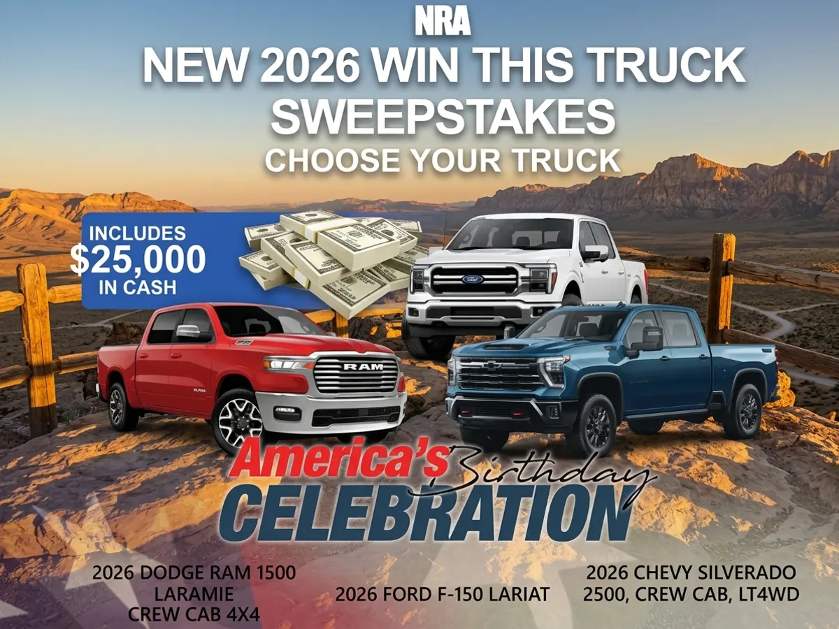 Win a Truck from the NRA Sweepstakes: free sample: Enter free for a chance to win one of three 2026 trucks (Dodge Ram, Ford F-150, or Chevy Silverado)