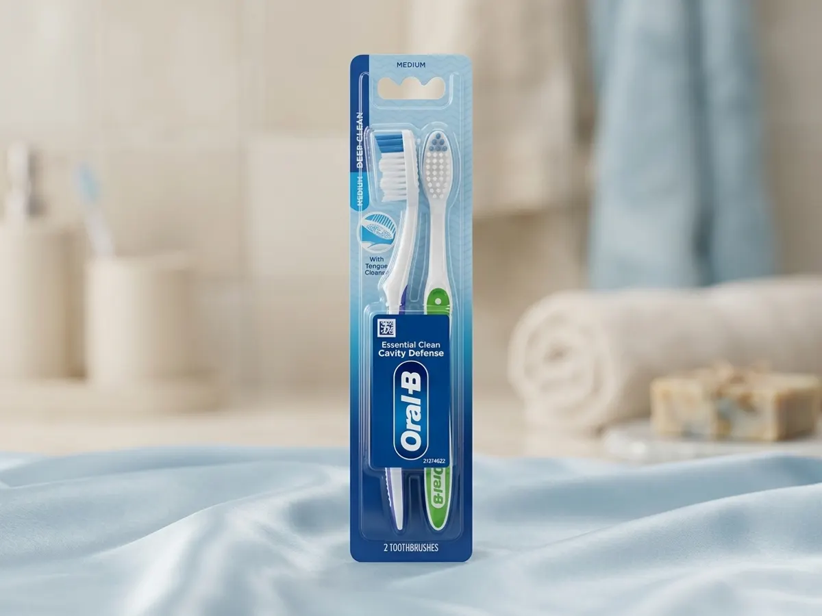 Two Oral-B Essential Clean Toothbrushes — free sample: Stack Walmart Cash rewards to snag two Oral-B Essential Clean toothbrushes for *free plus $1.06 back