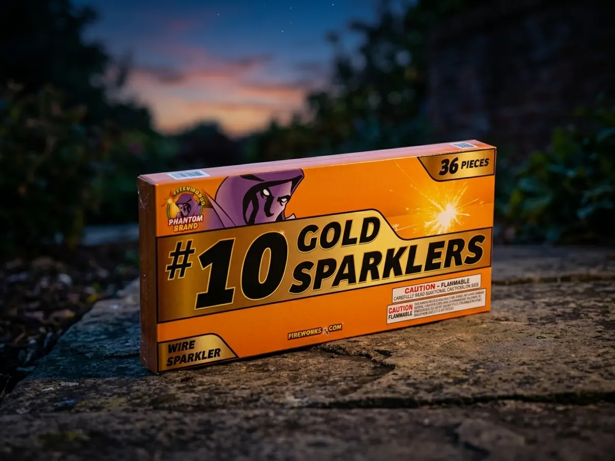 Pack of 6 Gold Sparklers at Phantom Fireworks — free sample: Why pay for things that go "fwoosh" when you can get six FREE 14" gold sparklers just by mumbling "T