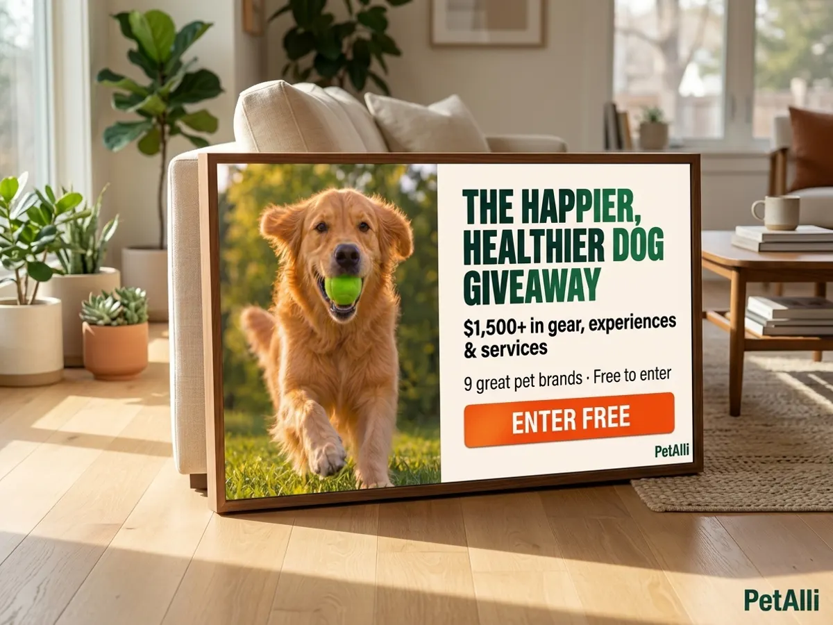 Win $1,500+ Pet Prize Package: free sample: One lucky dog owner wins a curated bundle of nine premium pet brands (vet care, nutrition, training,