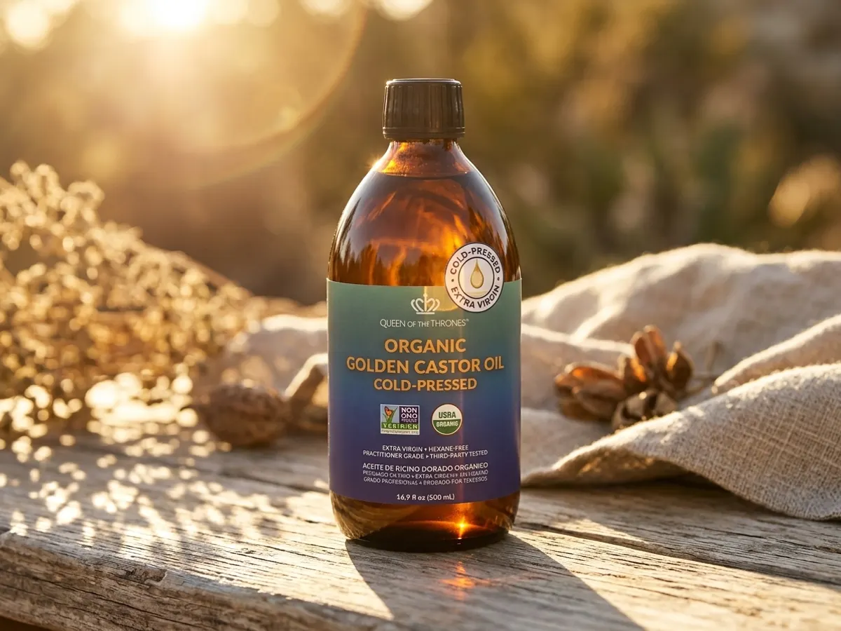 Organic Castor Oil Full Bottle Sample — free sample: Queen of the Thrones is sending a *full bottle* of their organic castor oil free to wellness practit