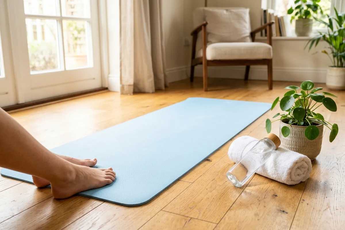 A mat and a quiet corner are all you need for a home yoga class.