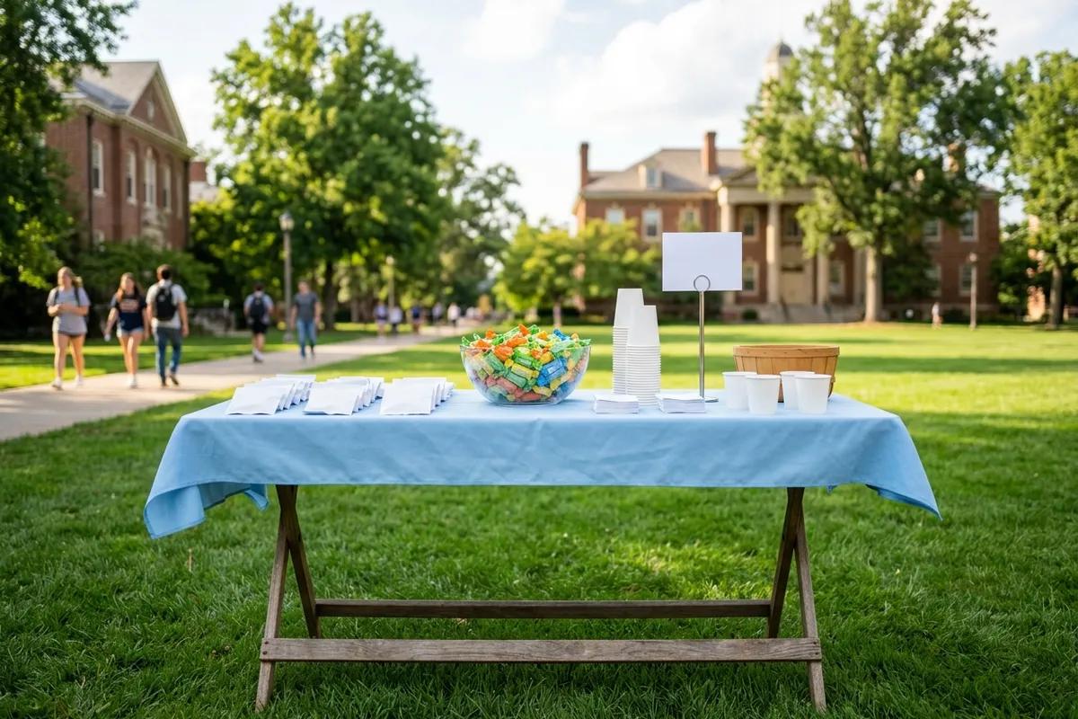Campus tables often hand out free samples of new products.