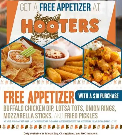 Get a Free Appetizer at Hooters on March 21st & 22nd!: free sample: Hooters is offering a free appetizer on March 21st and 22nd. You can get this deal by clicking the '
