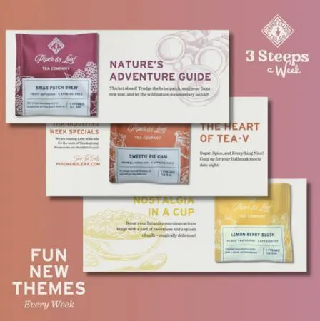 Get your first 3 weeks of FREE Tea Subscription + FREE Shipping! โ free sample: The Piper & Leaf Tea Company provides a unique opportunity to try their tea subscription service for