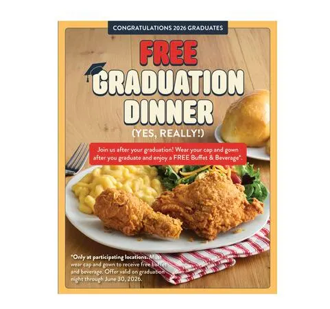 FREE Graduation Buffet & Beverage at Golden Corral: free sample: Through June 30, high school and college seniors can receive a FREE buffet and beverage when they vi