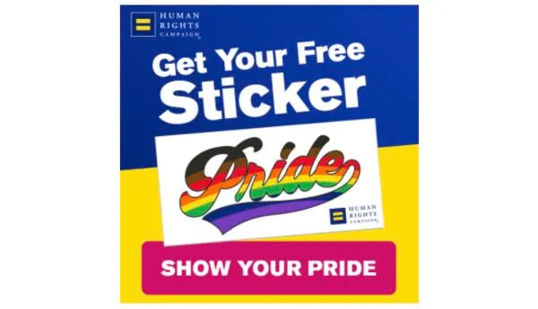 Free Pride Sticker by the Human Rights Campaign: free sample: Free of charge! An advocate for human rights? You deserve a sticker! With one click, you fill out th