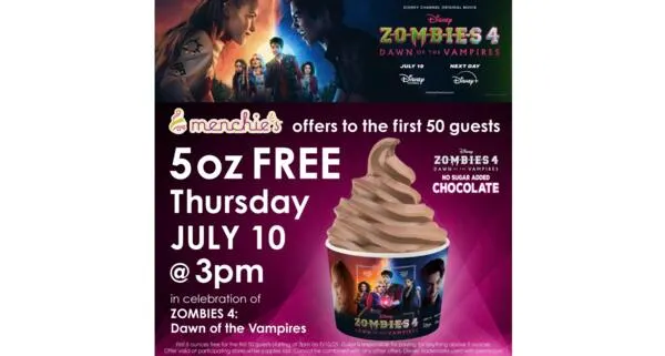 Menchie’s Free Frozen Yogurt Day, July 10th: free sample: Menchie’s is teaming up with Disney to celebrate the release of Zombies 4: Dawn of the Vampires, and