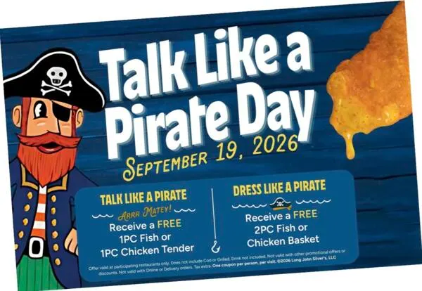 FREE Fish or Chicken on September 19 at Long John Silver’s: free sample: Long John Silver’s Talk Like a Pirate Day is back! On September 19th, stop by a participating locati