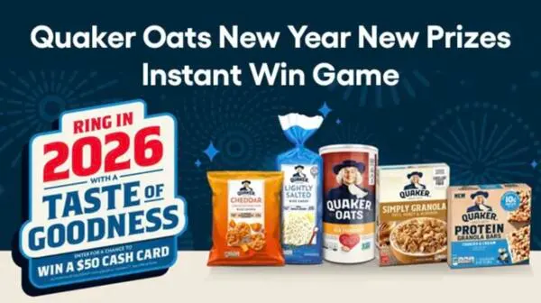 Kick Off the Year with Quaker Oats Prizes!: free sample: 455 winners will each receive a $50 cash card, giving you plenty of chances to win! You can enter da