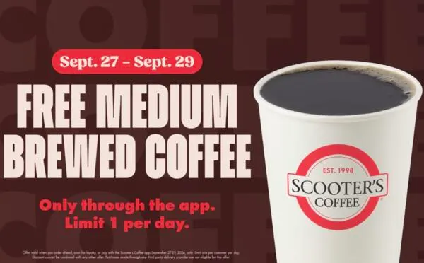 Grab FREE Coffee at Scooter’s Before the 29th: free sample: Celebrate National Coffee Day with a FREE medium brewed coffee at Scooter’s Coffee! From September 2