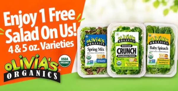 Dig Into a FREE Olivia’s Organics Salad: free sample: Get a FREE Olivia’s Organics Salad by signing up for their biweekly newsletter! Simply complete the 