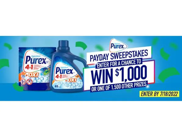 Purex PayDay Sweepstakes: free sample: Get a chance to win a gift card worth $1,000! They will also pick 10 lucky winners that will get a $