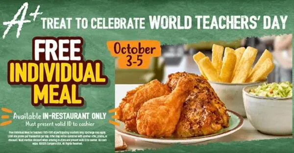 FREE Meal for Teachers, Thank You from Pollo Campero: free sample: In celebration of World Teachers' Day, Pollo Campero is saying THANK YOU with a FREE Individual Meal