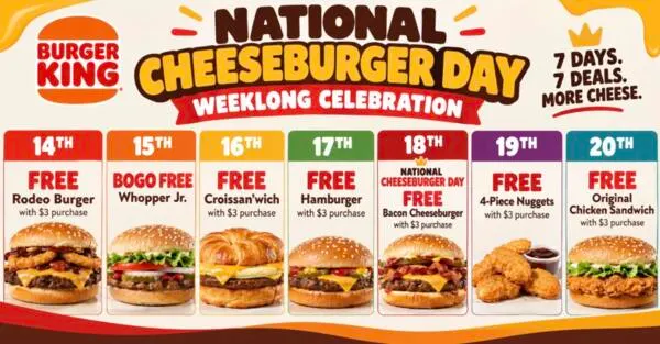 FREE Burger King Favorites for National Cheeseburger Week: free sample: Burger King is celebrating National Cheeseburger Day with a full week of FREE food, BOGO deals, and 