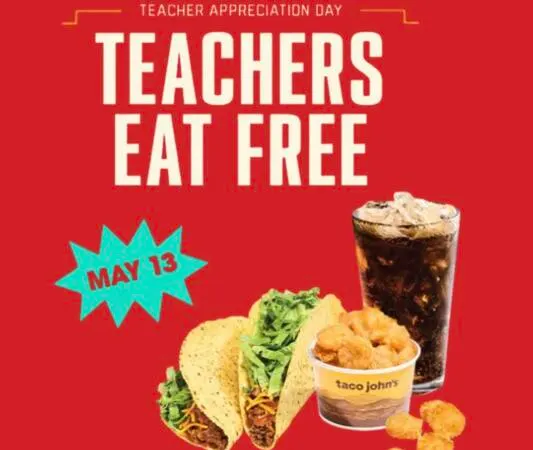 Teachers, Faculty & Staff Get a FREE Taco Combo at Taco John’s: free sample: Teachers, faculty, and staff can get a FREE small Beef Crispy or Softshell Taco Combo by showing a v