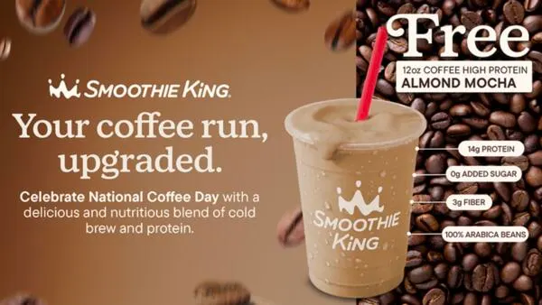 Claim a FREE Coffee Almond Mocha Smoothie on September 28 & 29: free sample: Smoothie King Rewards members can grab a FREE 12 oz. Coffee High Protein Almond Mocha Smoothie on Se