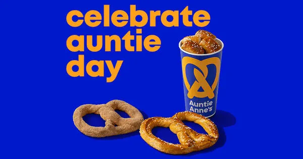 Free Cinnamon Sugar or Original Pretzel, Auntie Anne's Special Offer!: free sample: On July 26th, Auntie Anne's celebrates "Auntie Day" by giving Pretzel Perks members a free pretzel.