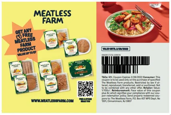 Meatless Farm Product Coupon for Free: free sample: Get this coupon to get Meatless Farm Product for free worth $7! Click the 'Get Sample', print the do